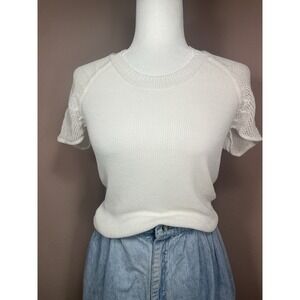Calvin Klein Knit Top XS Cream Short Sleeve Textured Lightweight Sweater
